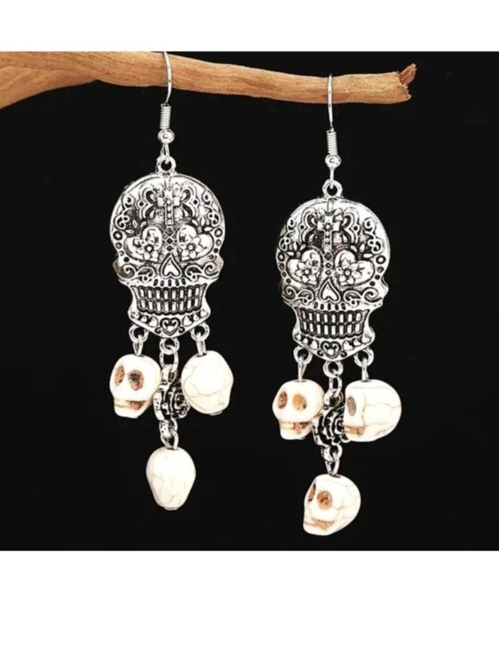 Skull Earrings Dangle Stone Pierced Silver Punk Ornate Biker Festive Calaveras